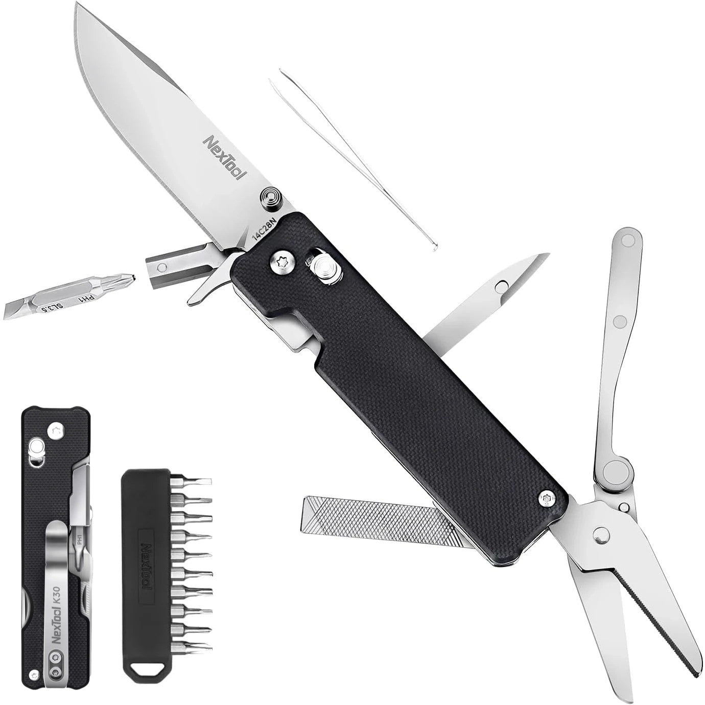 NexTool Knight K30 Sandvik 14C28N Axis-Lock Folding Knife Multi-Tool 11 Functions with S2 Bit Kit