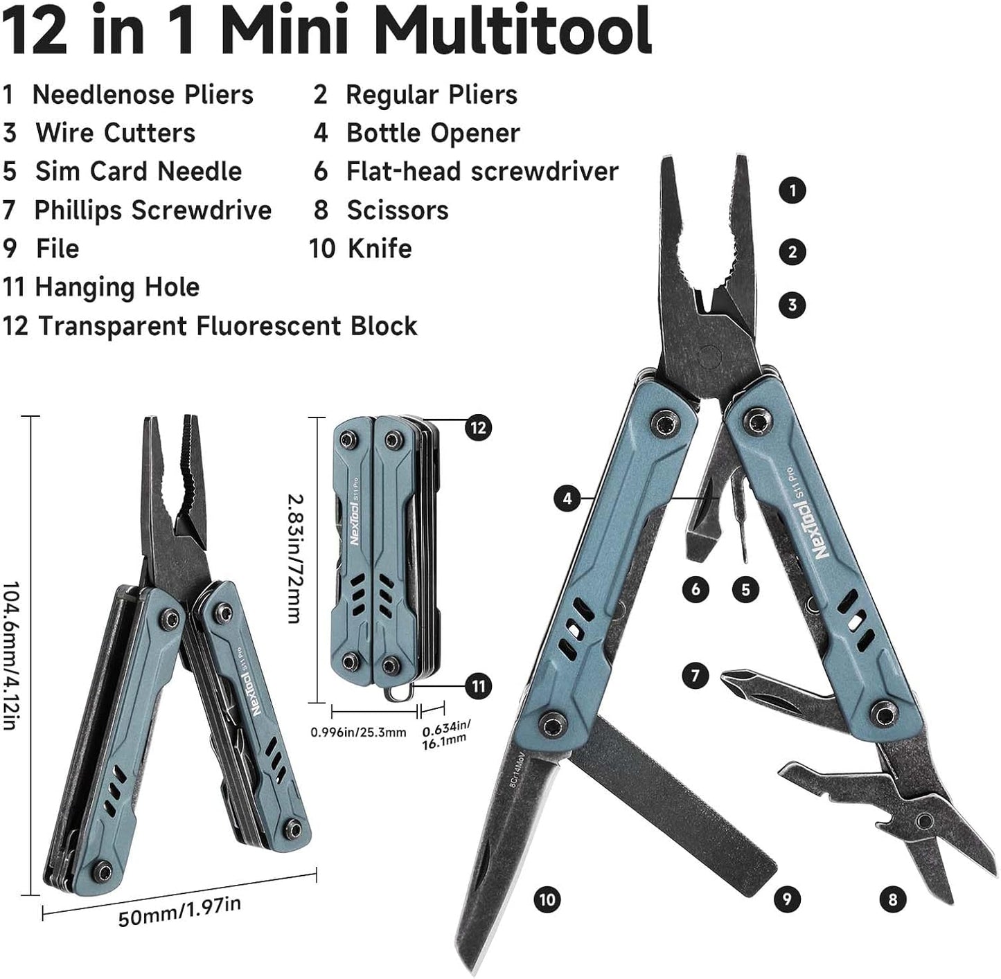 NexTool Mini Sailor S11 Pro Blue/Black Compact Multi-Tool with 12 Functions (Updated Version)