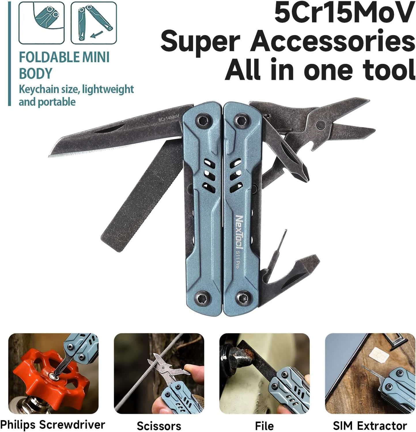 NexTool Mini Sailor S11 Pro Blue/Black Compact Multi-Tool with 12 Functions (Updated Version)