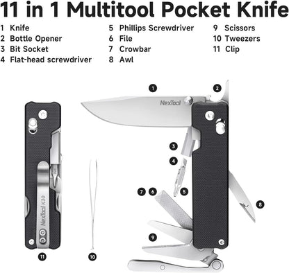 NexTool Knight K30 Sandvik 14C28N Axis-Lock Folding Knife Multi-Tool 11 Functions with S2 Bit Kit